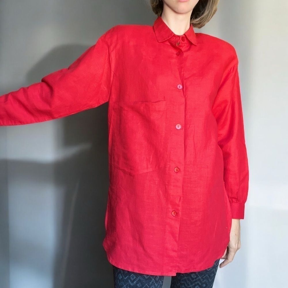 Betty Hanson Vintage 80s Oversized Red Linen Cotton Shirt S